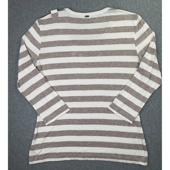 St John Blouse Women's Large Yellow Label Ivory Tan Stripe 3/4 Sleeve Zipper - Picture 6 of 10